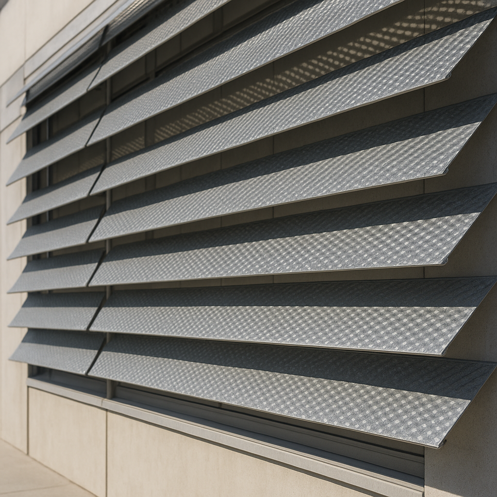 Brise ripado em fachada com ripas horizontais de aço