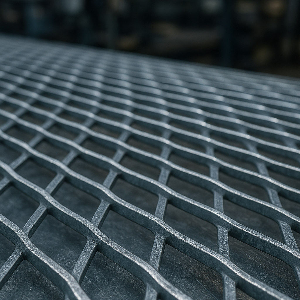 Chapa expandida com indicação de dimensões e geometria da malha