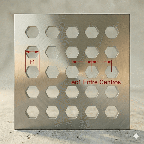 Chapa Perfurada em Aço Galvanizado Furos Hexagonal de 10mm Entrecentro de 17.0mm Espessura de 0.65mm Arranjo Paralelo