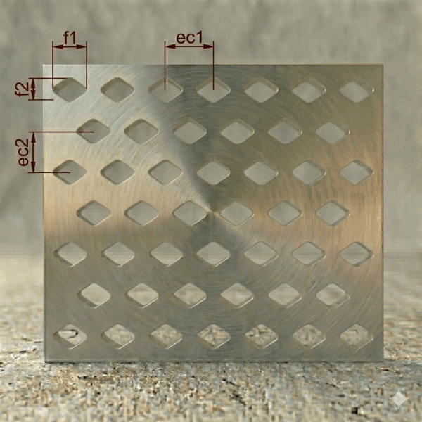Chapa Perfurada em Aço Carbono, Furos Losangular de 20x40mm, Entrecentro Padrão, Espessura de 4.76mm, Arranjo Alternado