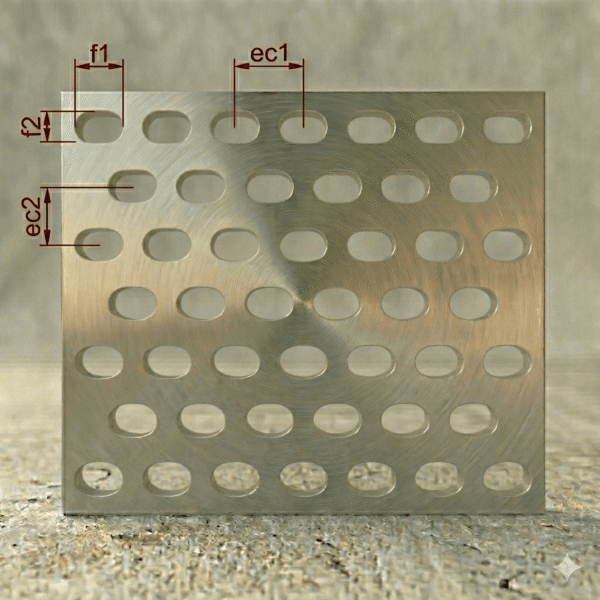 Chapa Perfurada em Aço Inox Furos Oblongo de 10x35mm Entrecentro Padrão Espessura de 4.0mm Arranjo Alternado