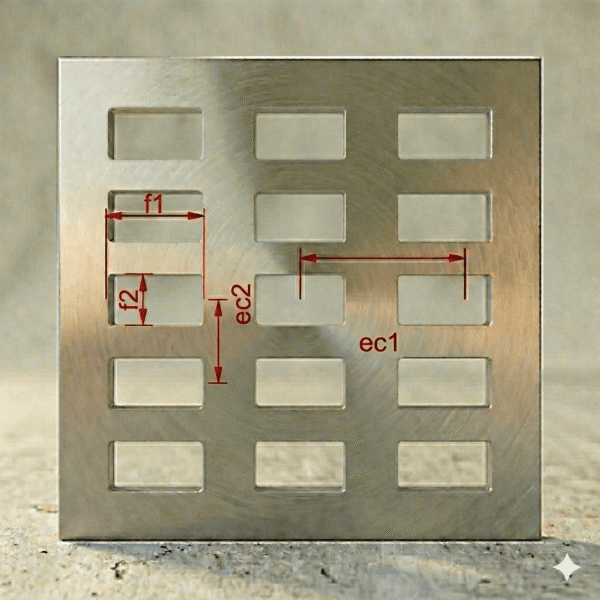 Chapa Perfurada em Aço Carbono Furos Retangular de 6x20mm Entrecentro de 12 x 30mm Espessura de 2.0mm Arranjo Paralelo