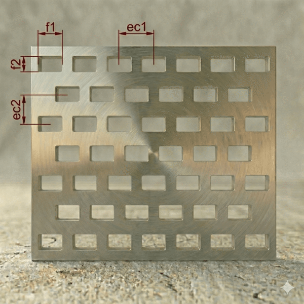 Chapa Perfurada em Aço Inox Furos Retangular de 10x50mm Entrecentro de 17 x 58mm Espessura de 1.5mm Arranjo Alternado