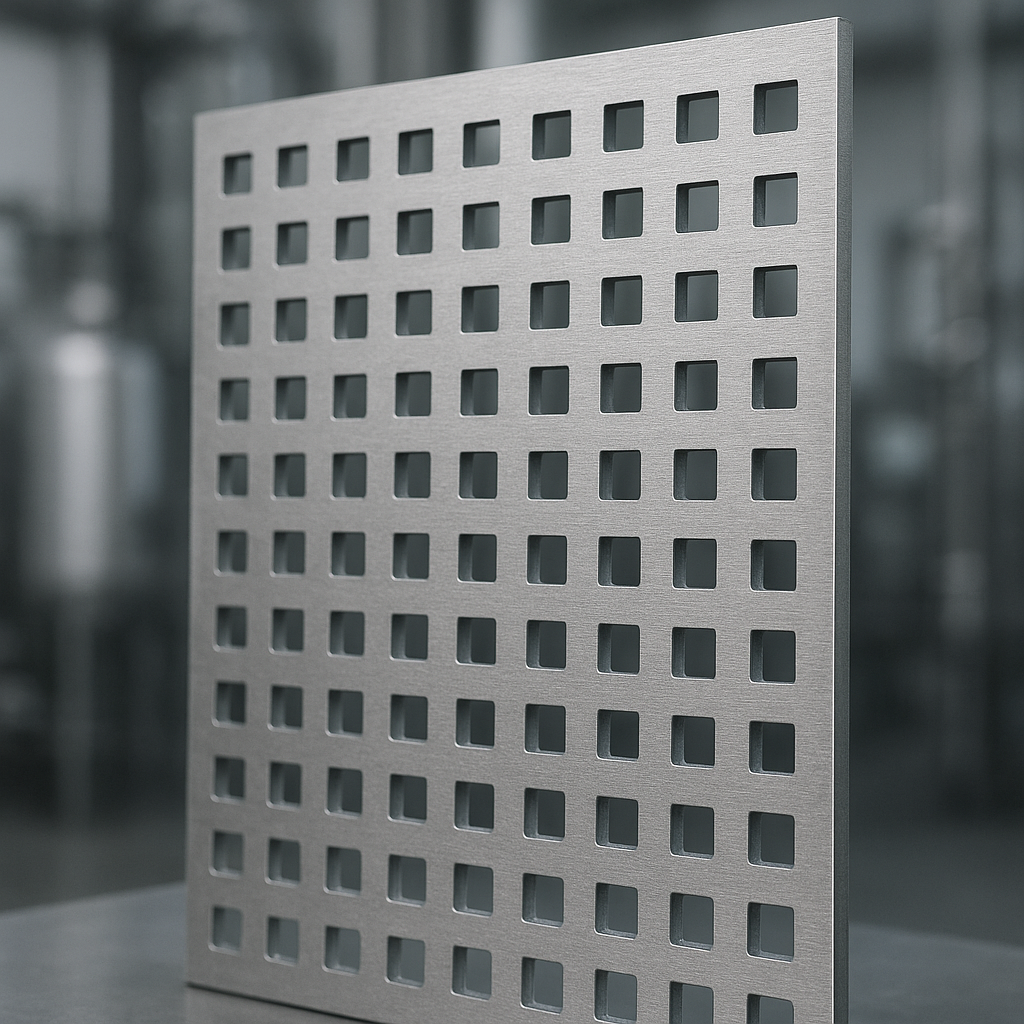 Detalhe da chapa perfurada quadrada mostrando padrão de furos e acabamento