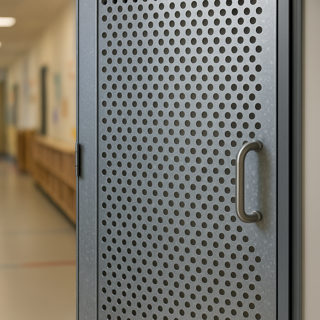 Detalhe técnico de chapa metálica instalada em porta de creche