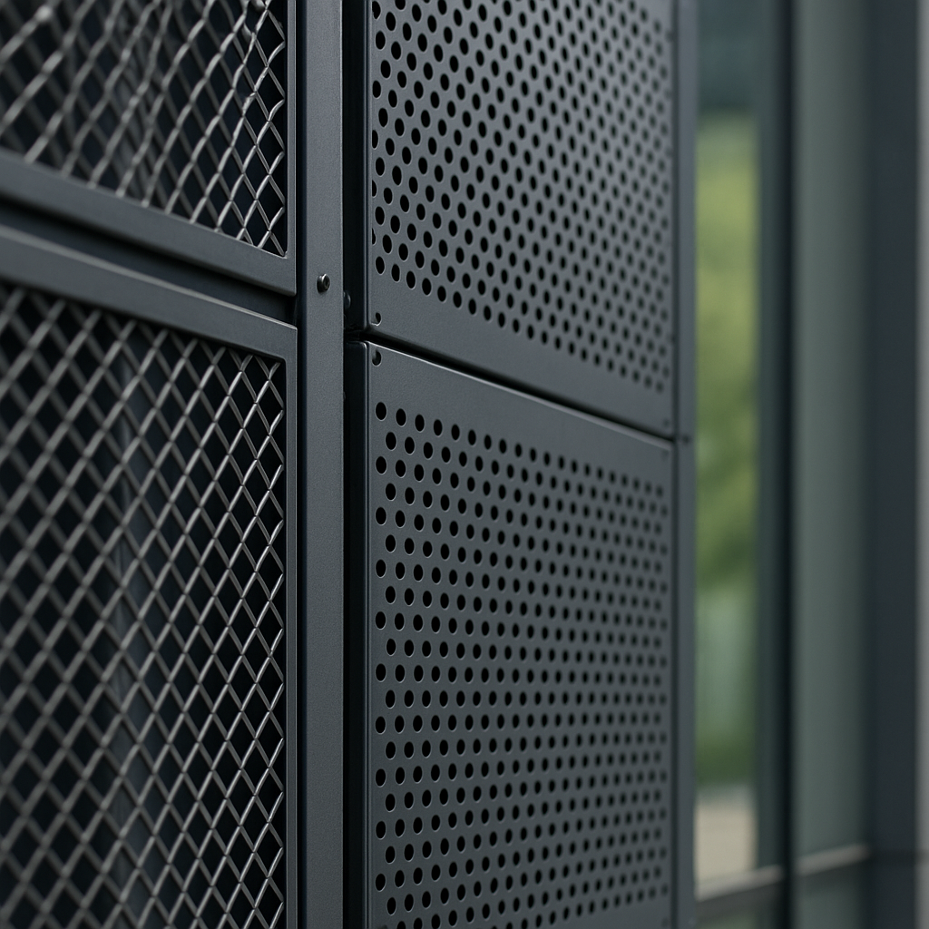 Fachada vazada de metal com efeito de luz e sombra