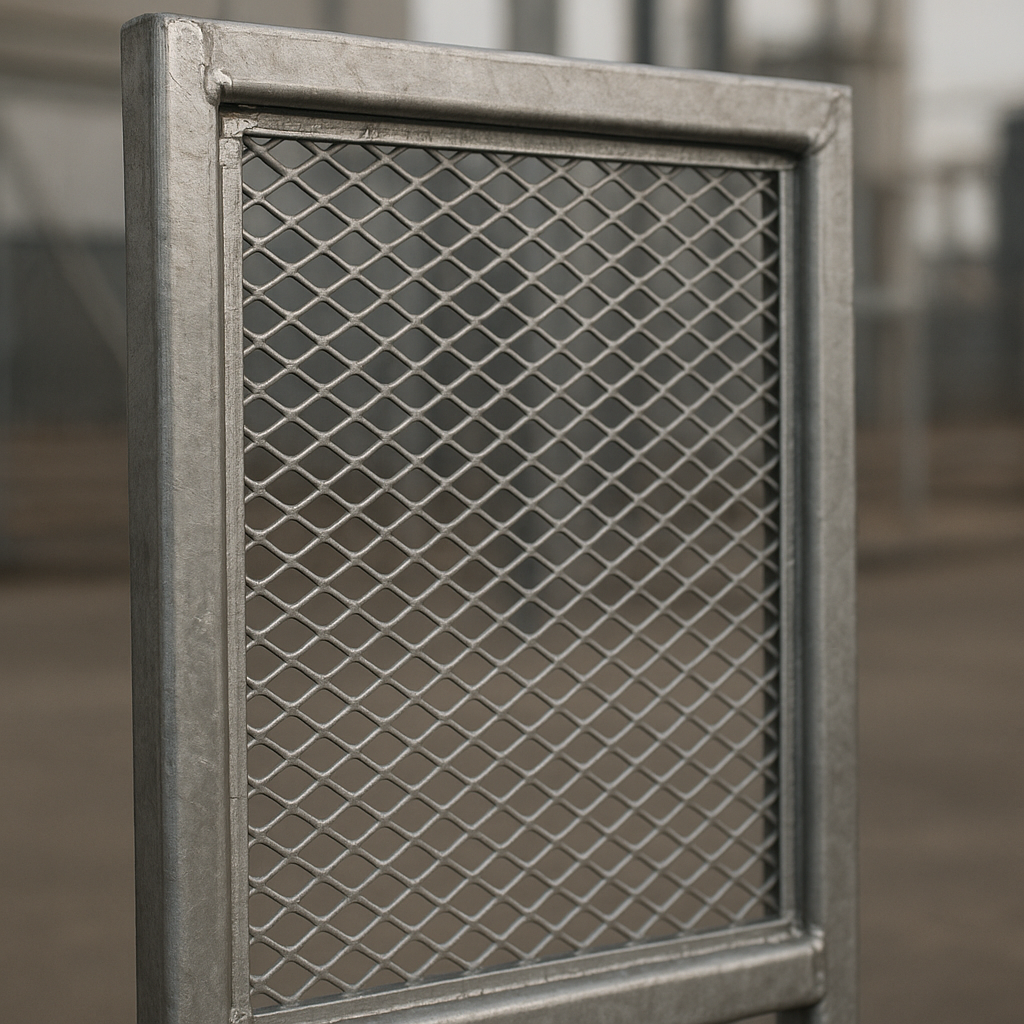 Detalhe de portão com tela metálica mostrando estrutura e acabamento